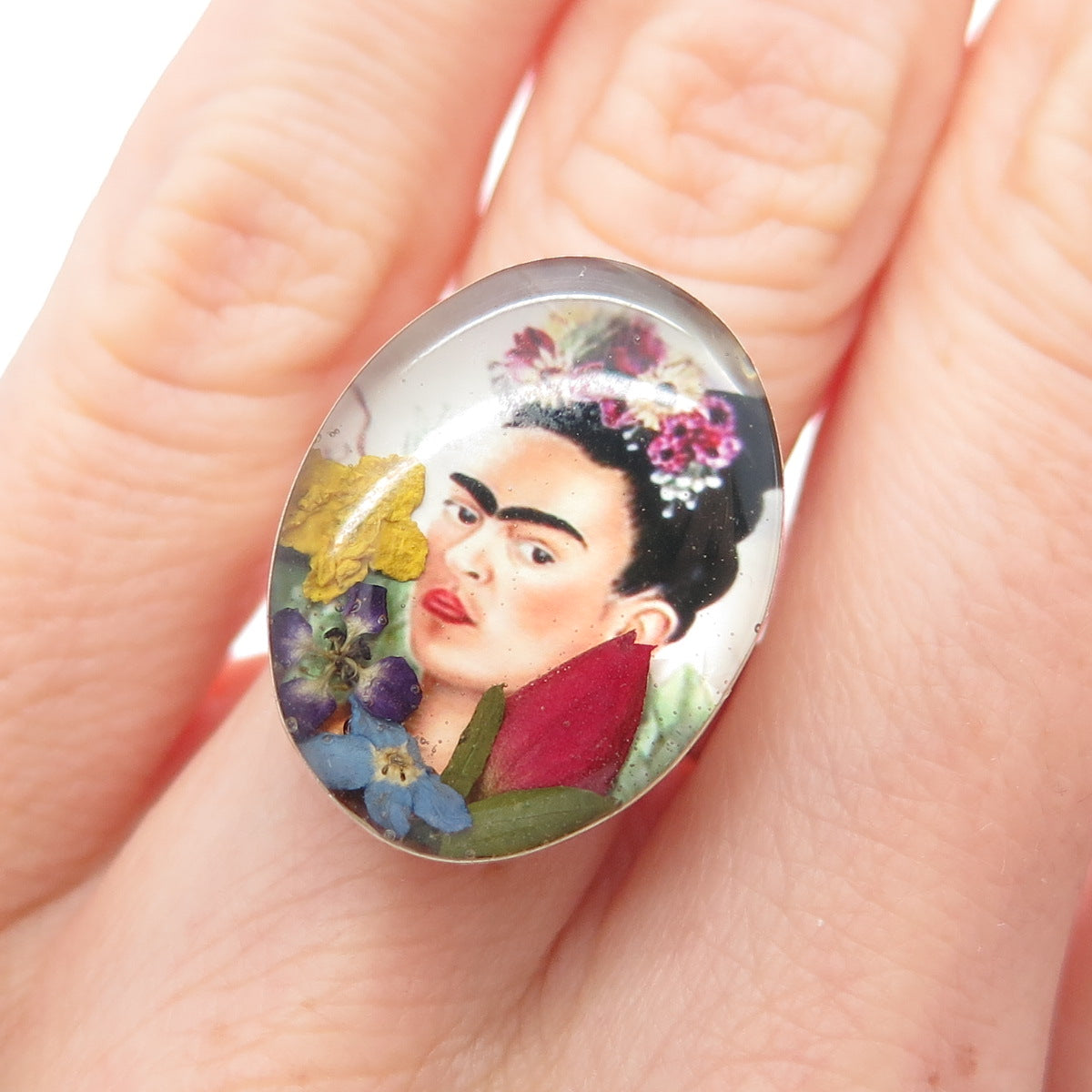 925 Sterling Silver Vintage Enamel Frida Kahlo Pressed Flowers Ring Size 6