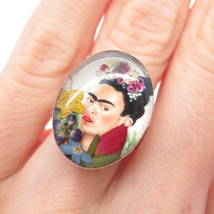925 Sterling Silver Vintage Enamel Frida Kahlo Pressed Flowers Ring Size 6