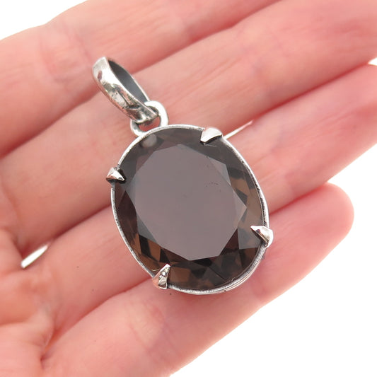 925 Sterling Silver Vintage Real Oval-Cut Smoky Quartz Charm Pendant