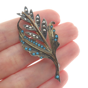 925 Sterling Gold Plated Antique Germany Faux Turquoise Marcasite Flower Brooch