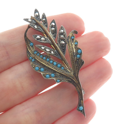 925 Sterling Gold Plated Antique Germany Faux Turquoise Marcasite Flower Brooch