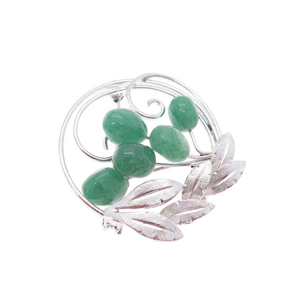 925 Sterling Silver Antique Art Deco Real Aventurine Floral Pin Brooch