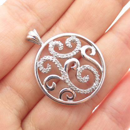 HN HENG NGAI 925 Sterling Silver Real Round-Cut Diamond Scroll Charm Pendant