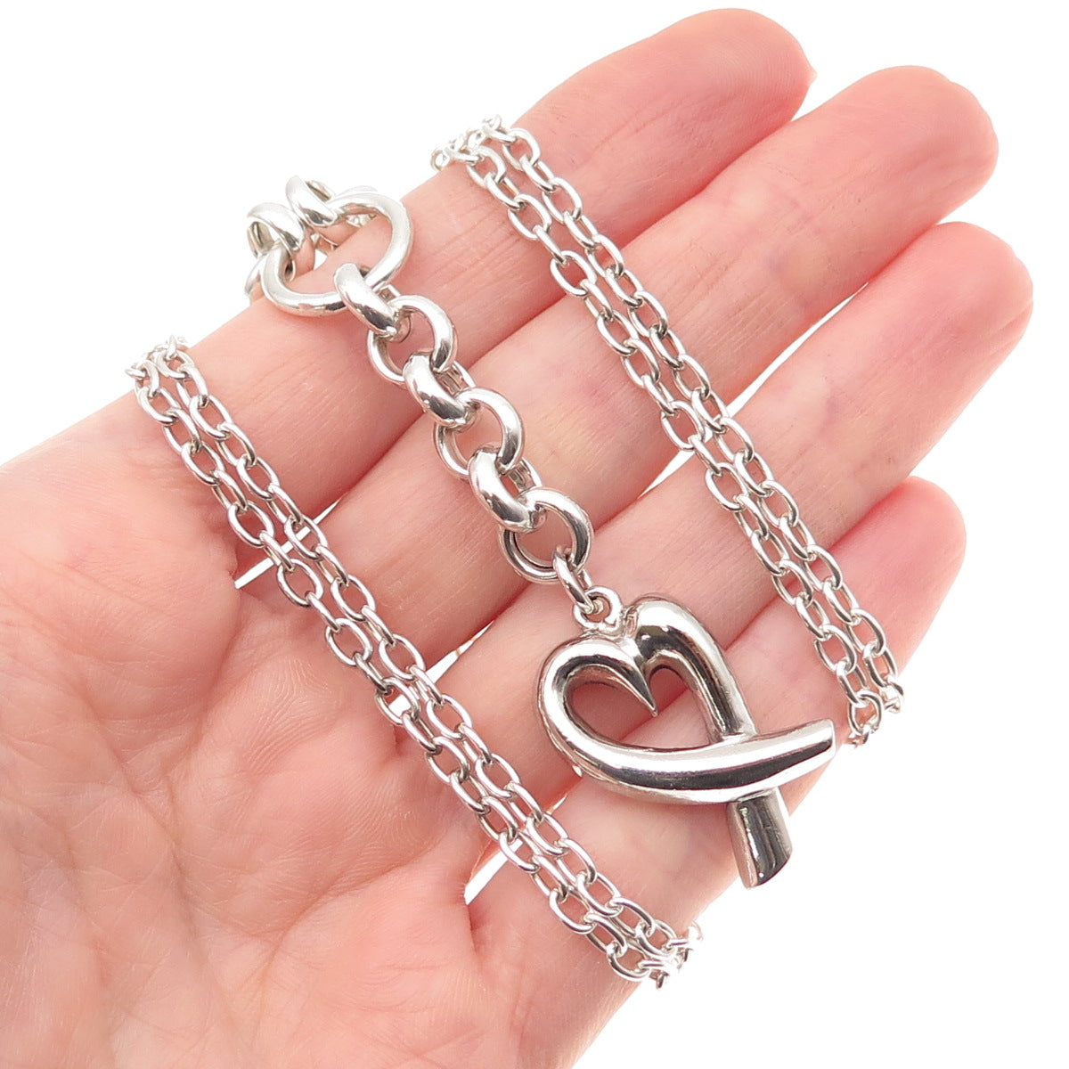 925 Sterling Silver Vintage Loving Heart Double Chain Necklace 16"