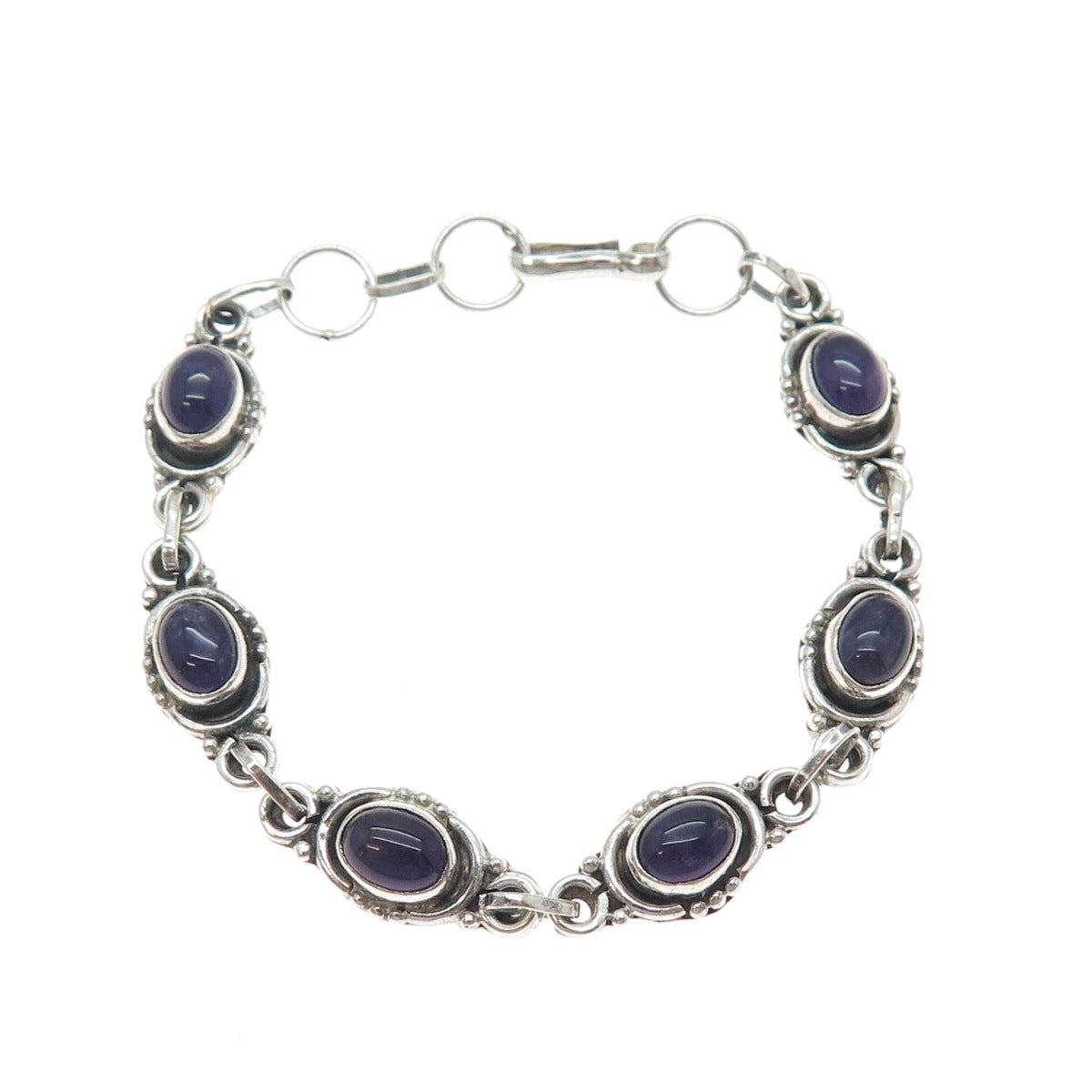 925 Sterling Silver Vintage Real Cabochon Amethyst Bracelet 6.5-7.5"