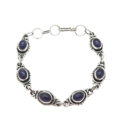 925 Sterling Silver Vintage Real Cabochon Amethyst Bracelet 6.5-7.5"