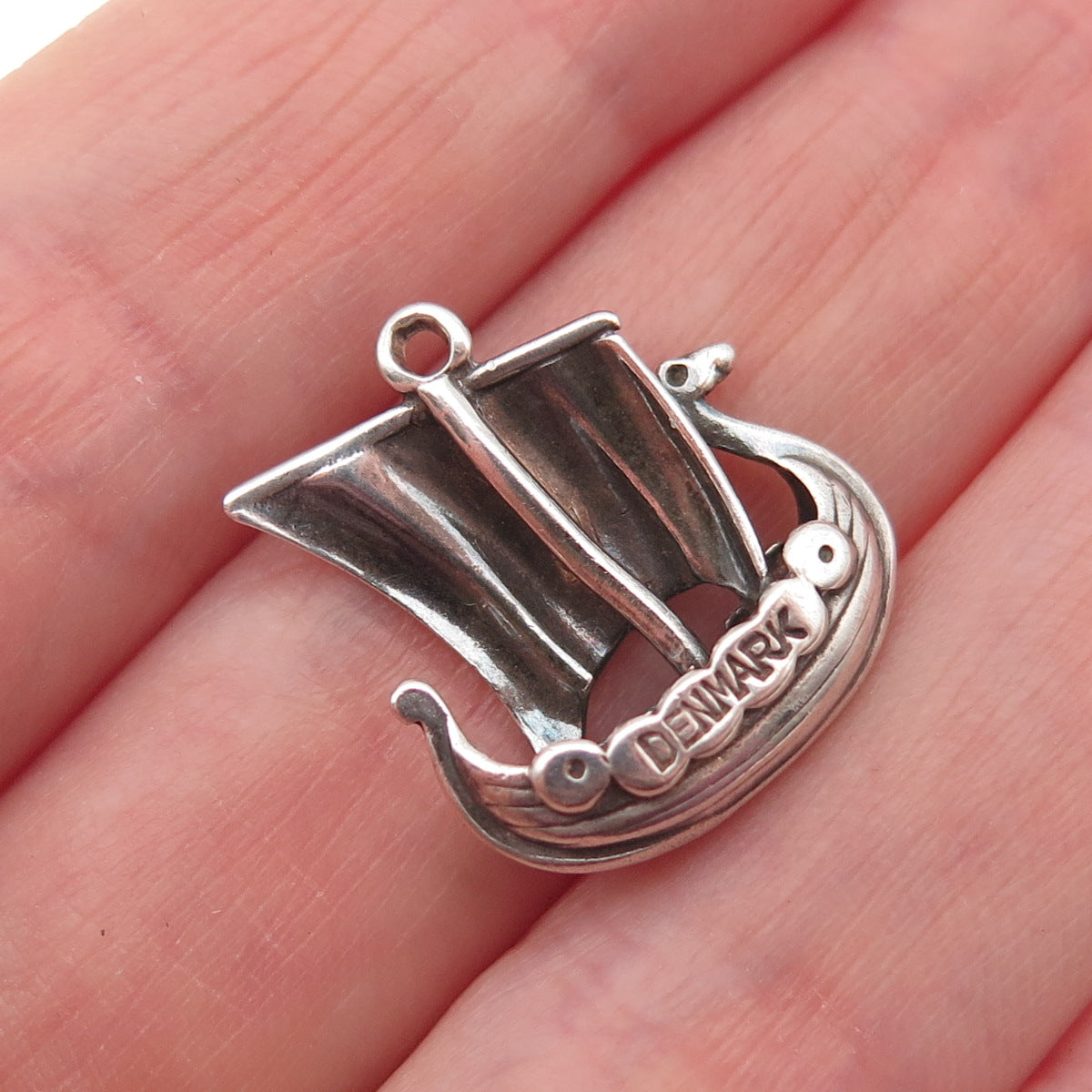 925 Sterling Silver Vintage Denmark Viking Ship Oxidized Mini Charm Pendant