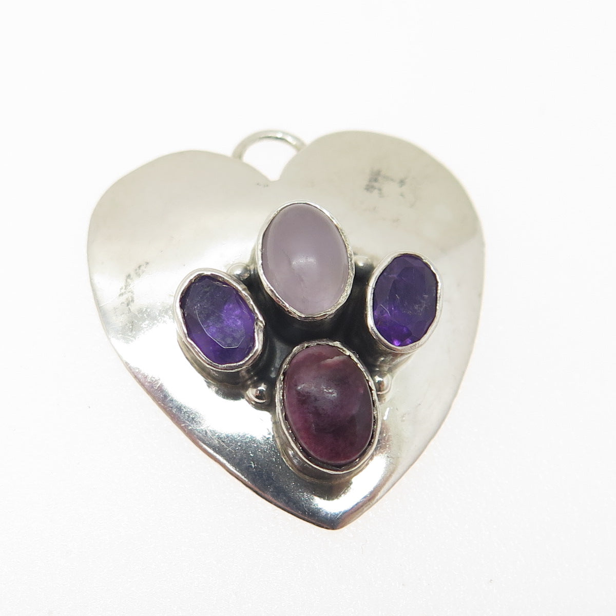 925 Sterling Silver Vintage Real Lavender Jade Amethyst & Sugilite Heart Pendant