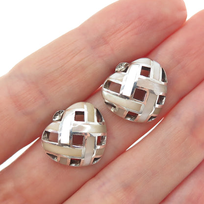 925 Sterling Silver Vintage Real MOP Woven Heart Stud Earrings