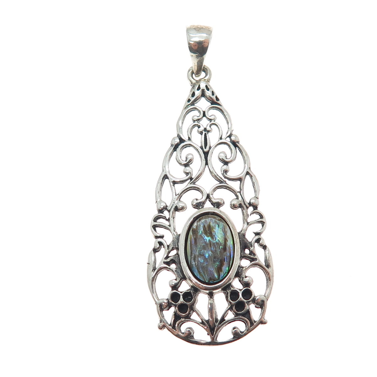 NEVADA 925 Sterling Silver Vintage Real Abalone Shell Ornate Teardrop Pendant
