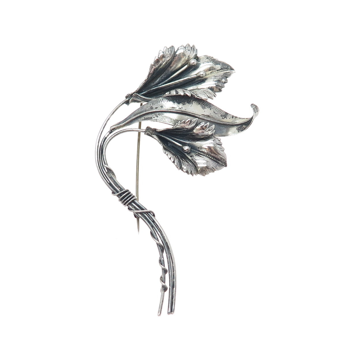 925 Sterling Silver Antique Art Deco Calla Lily Flower Oxidized Pin Brooch