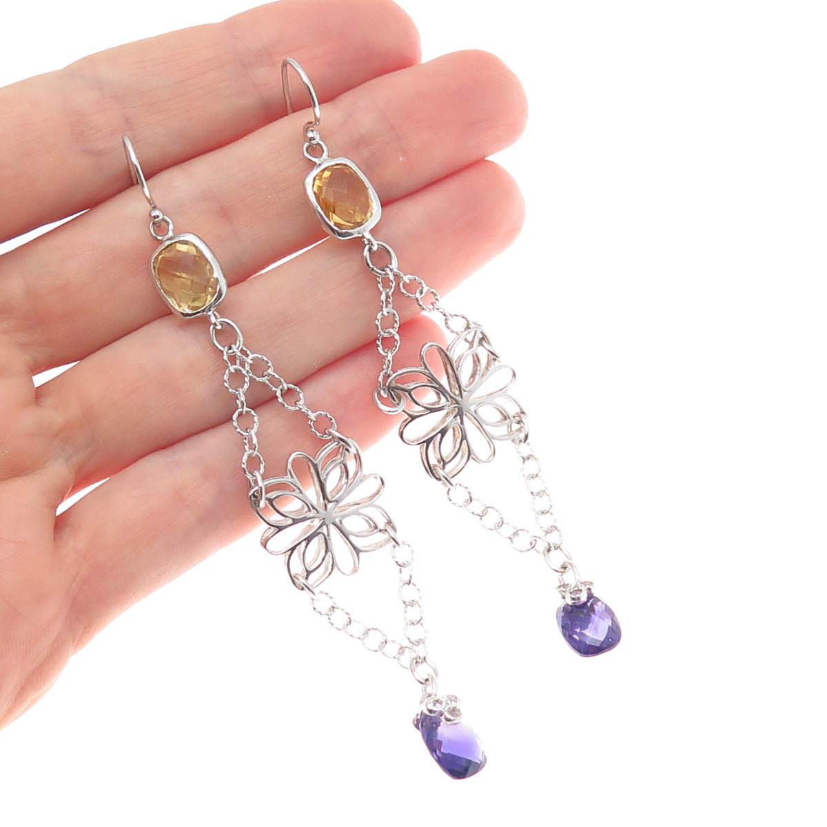 925 Sterling Silver Real Yellow & White Topaz Amethyst Flower Dangle Earrings