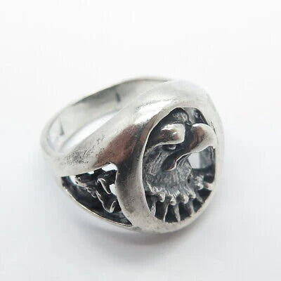 925 Sterling Silver Vintage Eagle & Deer Oval Ring Size 10.25