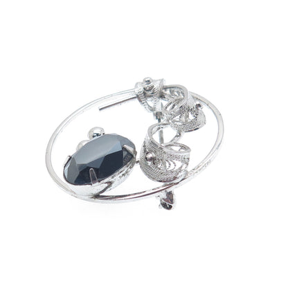 SORRENTO 925 Sterling Silver Vintage Real Hematite Gem Filigree Floral Brooch