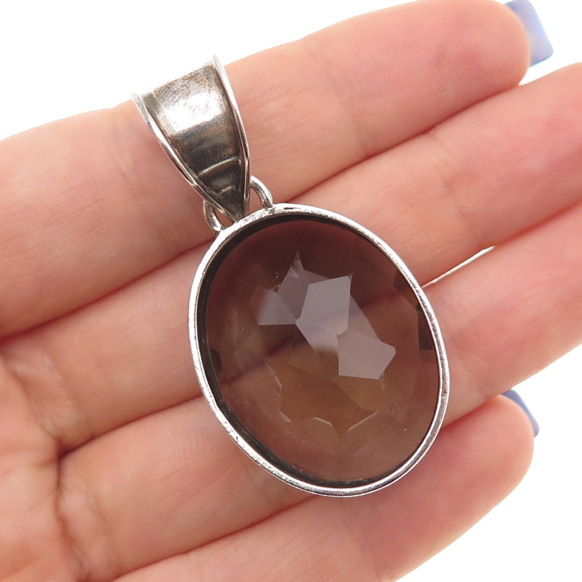 925 Sterling Silver Vintage Real Oval-Cut Smoky Quartz Oxidized Pendant