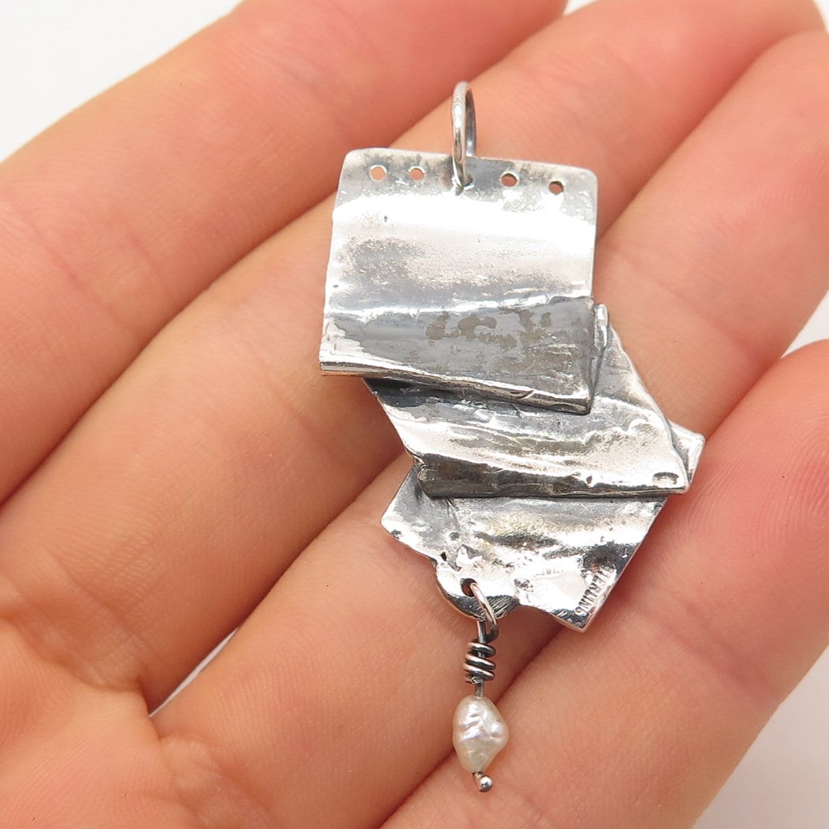 925 Sterling Silver Vintage Real Pearl Fingerprint Modernist Pendant