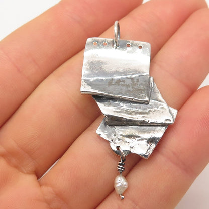 925 Sterling Silver Vintage Real Pearl Fingerprint Modernist Pendant