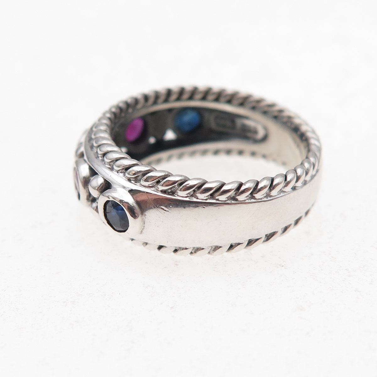 CNA Pranda 925 Sterling Silver Vintage Real Emerald Sapphire Ruby Ring Size 6.25