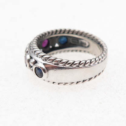 CNA Pranda 925 Sterling Silver Vintage Real Emerald Sapphire Ruby Ring Size 6.25