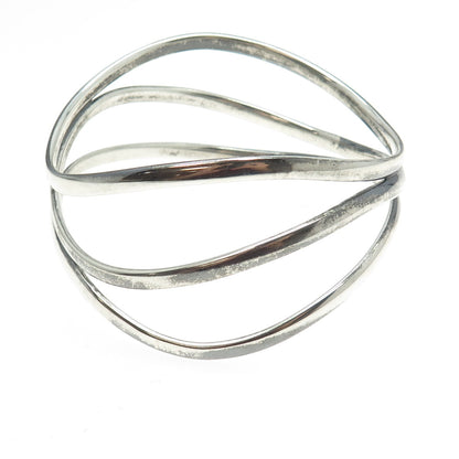 925 Sterling Silver Vintage Modernist Wavy Multi-Row Bangle Bracelet 7.75"