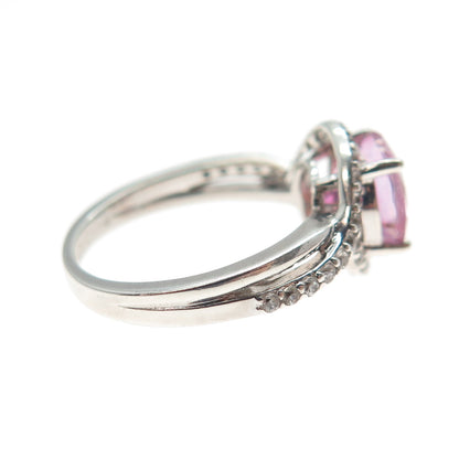 925 Sterling Silver Real Round-Cut White Topaz & Pink C Z Ring Size 5.25