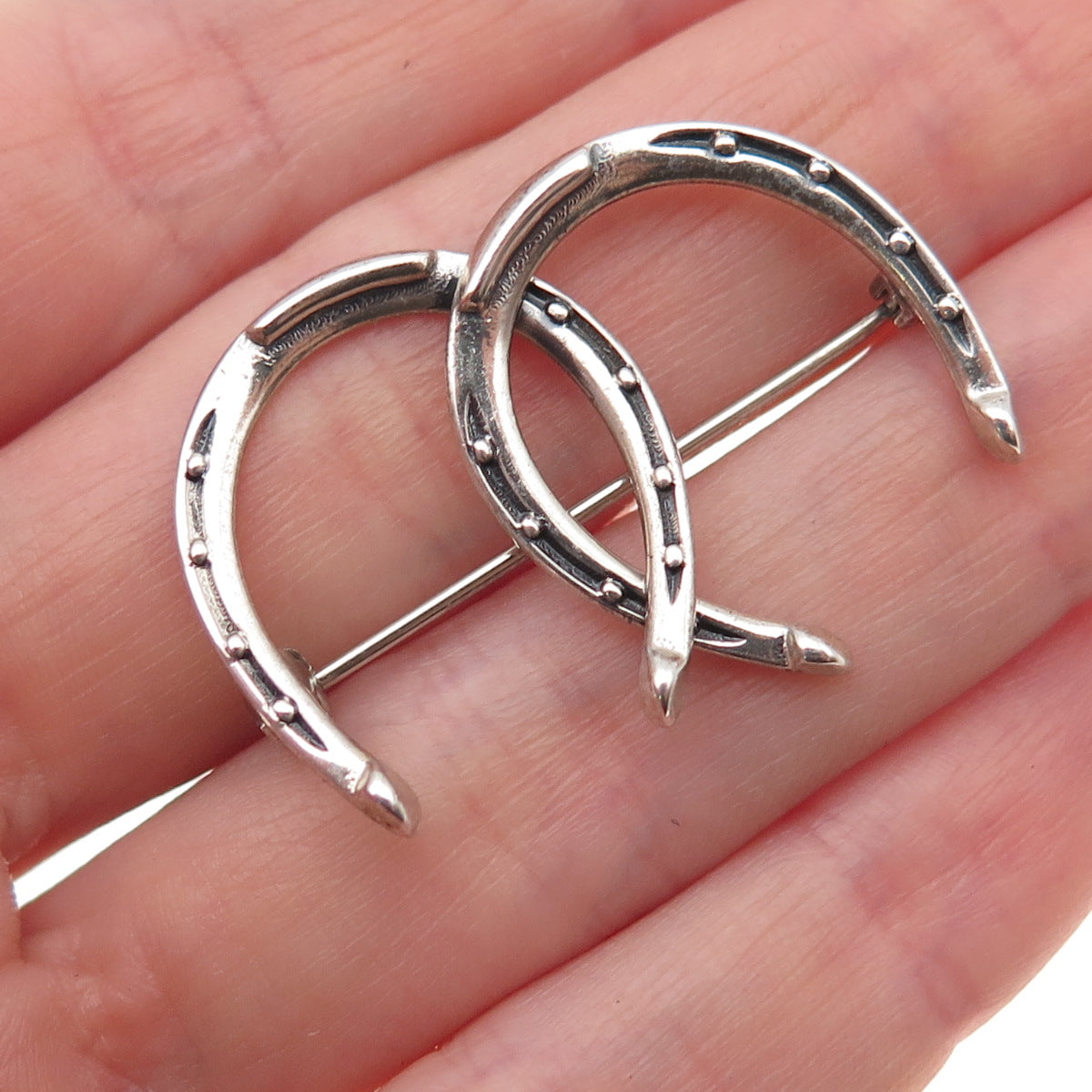 Beau 925 Sterling Silver Antique Art Deco Double Horseshoe Good Luck Pin Brooch