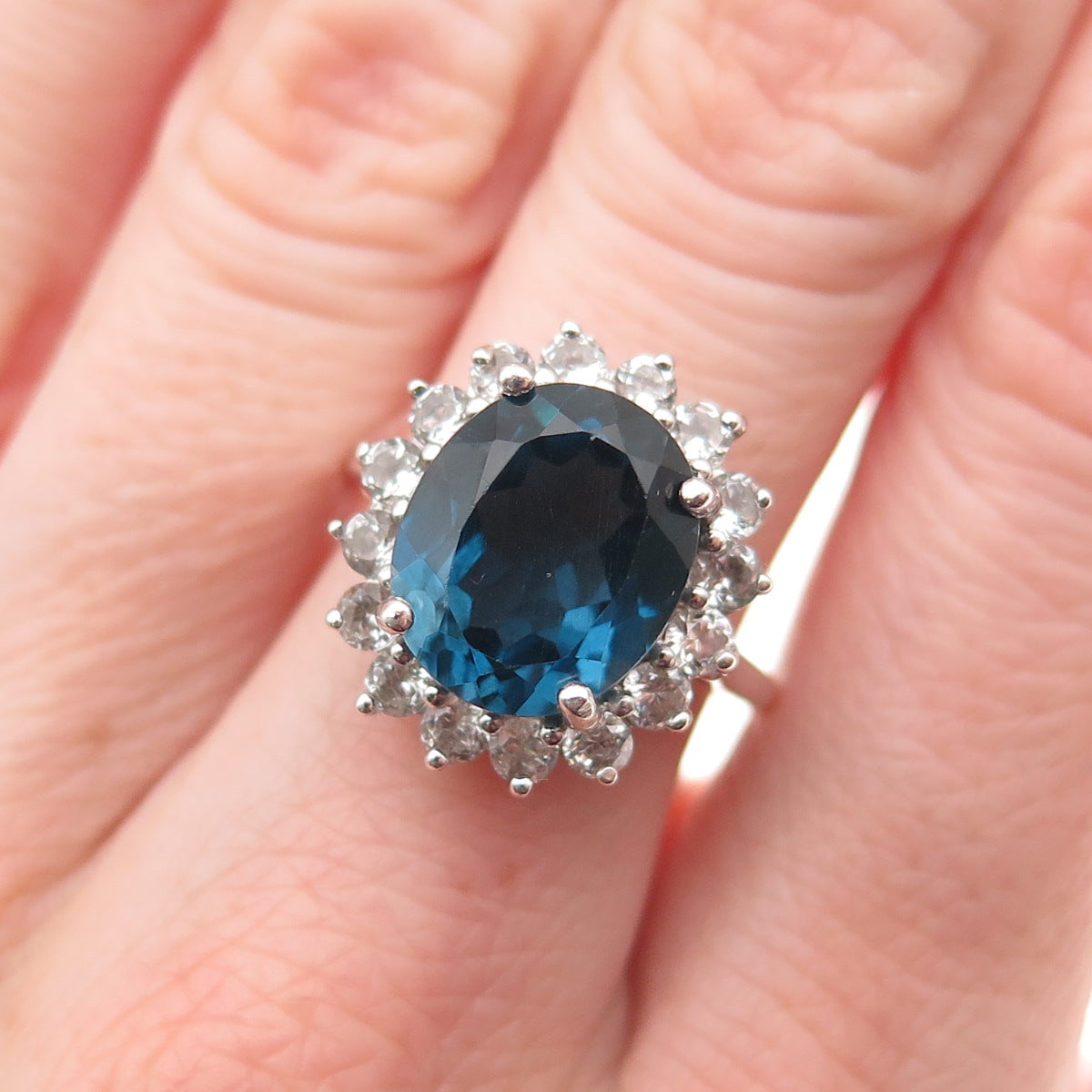 925 Sterling Silver Real London Blue & White Topaz Ring Size 6.5