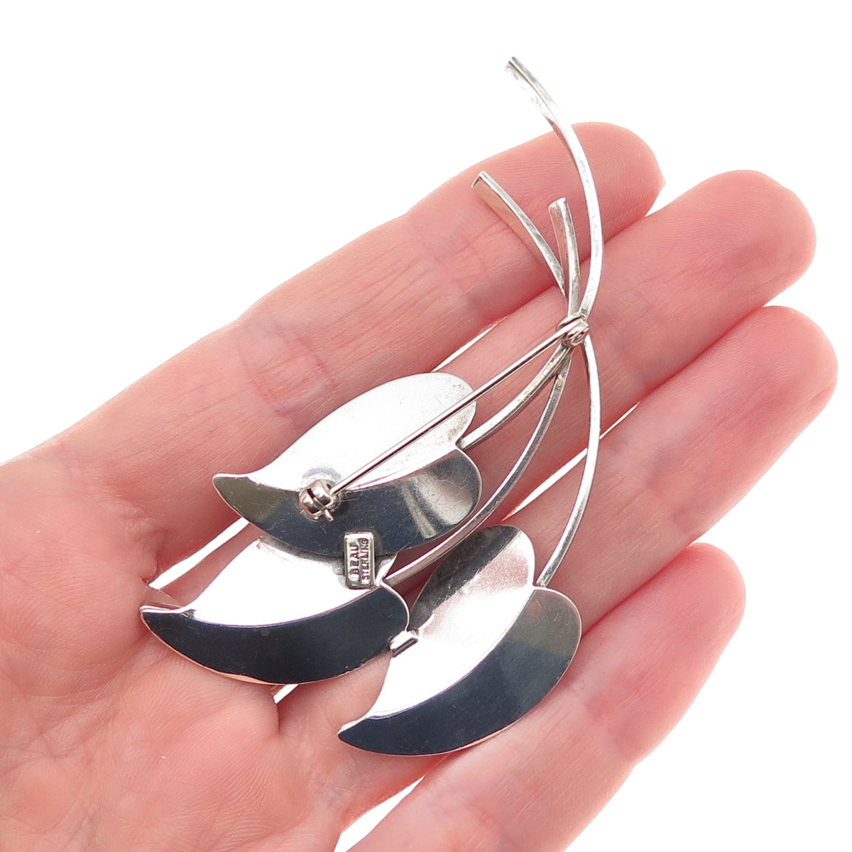 Beau 925 Sterling Silver Vintage Modernist Floral Leaf Oxidized Pin Brooch
