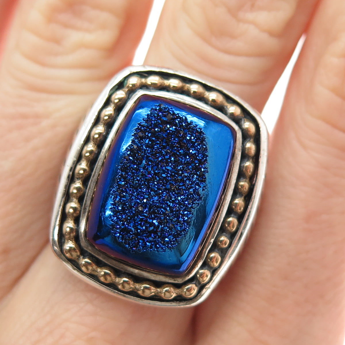 AKR AMY KAHN RUSSELL Sterling Silver 2-Tone Vintage Real Blue Druzy Ring Size 7