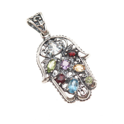 Didae 925 Sterling Silver Vintage Real Multi-Gem Hamsa Amulet Charm Pendant