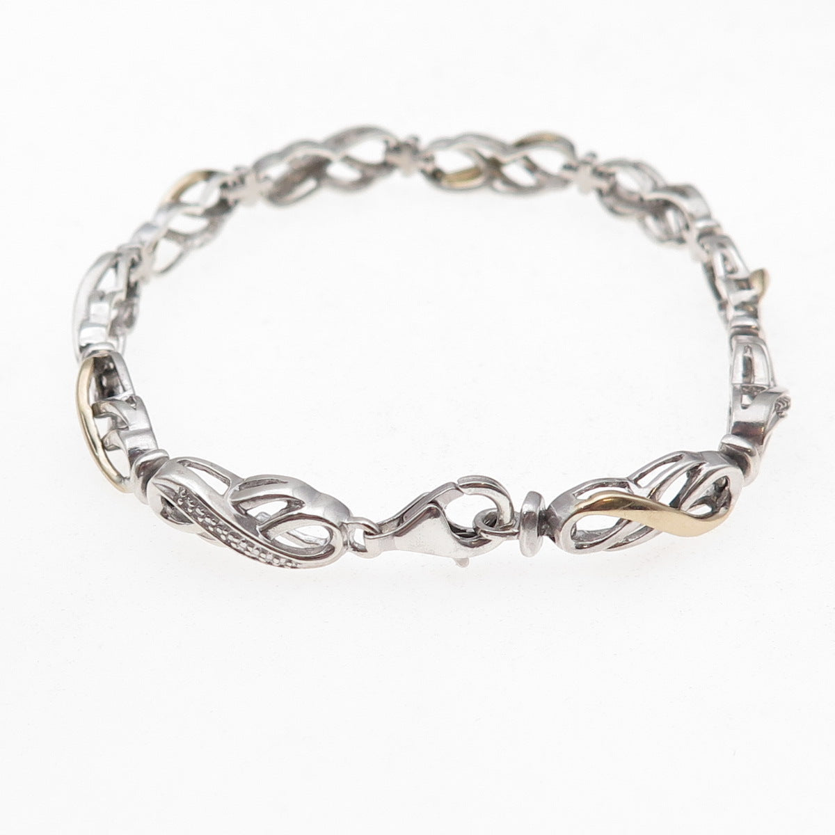 925 Sterling Silver 2-Tone Real Diamond Infinity Link Bracelet 7.5"