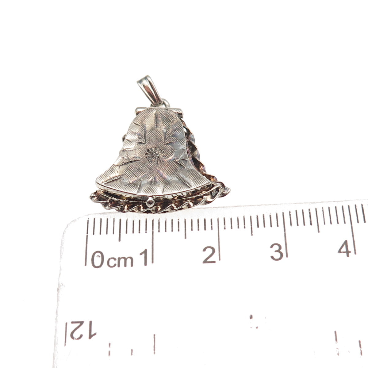 925 Sterling Silver Vintage Engraved Floral Locket Bell Oxidized Charm Pendant
