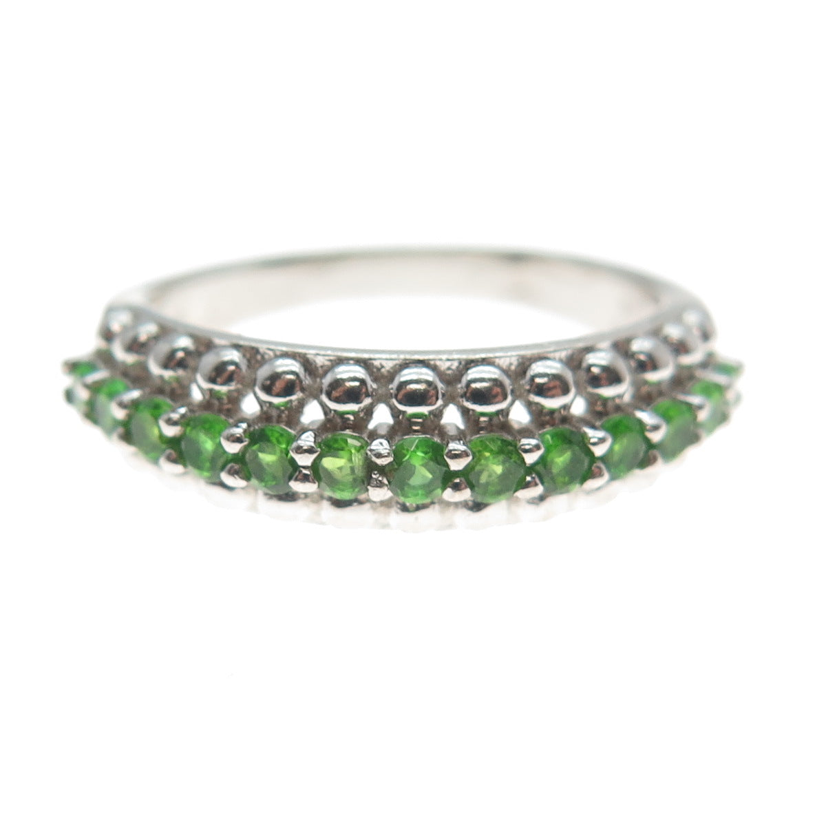 925 Sterling Silver Real Round-Cut Peridot Beaded Ring Size 7.5