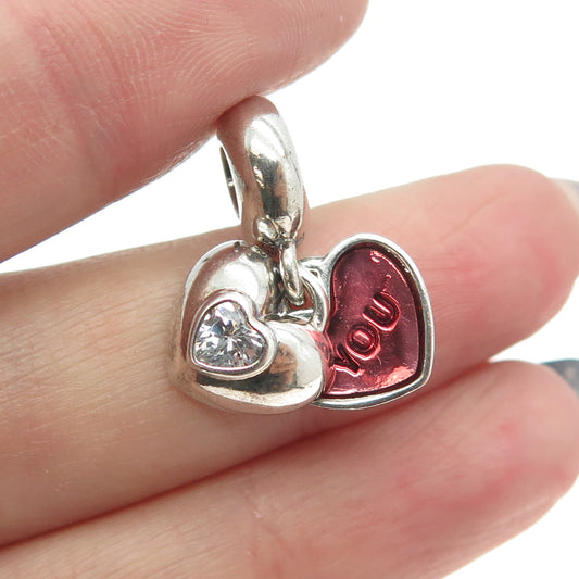 PANDORA 925 Sterling Silver C Z Enamel Me & You Dangle Heart Charm