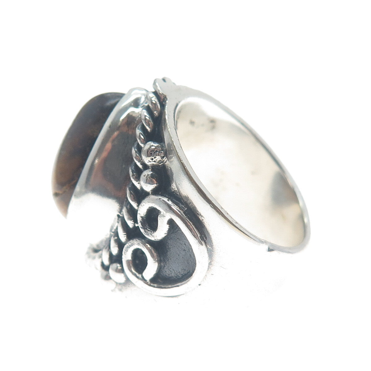 925 Sterling Silver Vintage Pear-Cut Tiger Eye Heart Oxidized Ring Size 8.75