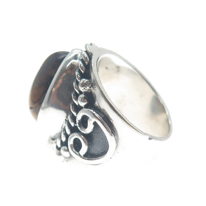 925 Sterling Silver Vintage Pear-Cut Tiger Eye Heart Oxidized Ring Size 8.75