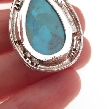 925 Sterling Silver Real Turquoise & Marcasite Teardrop Oxidized Charm Pendant