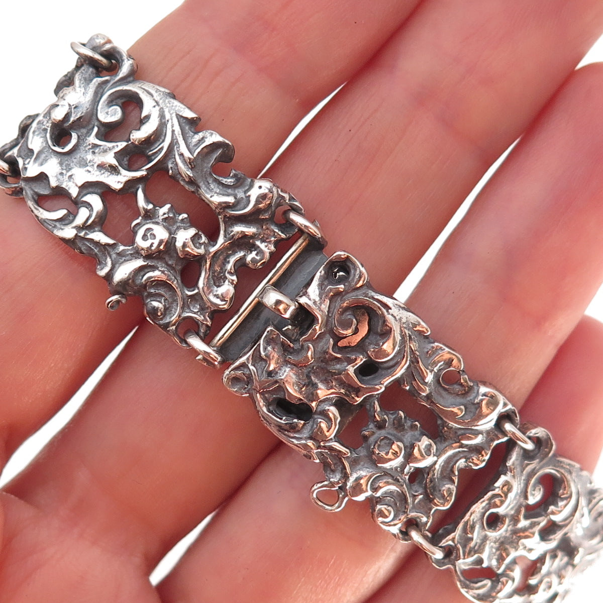 800 Silver Antique Art Deco Floral Panel Link Oxidized Bracelet 7"