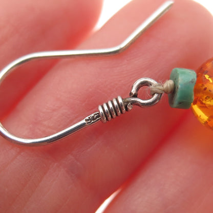 925 Sterling Silver Vintage Real Turquoise & Amber Beaded Dangle Earrings
