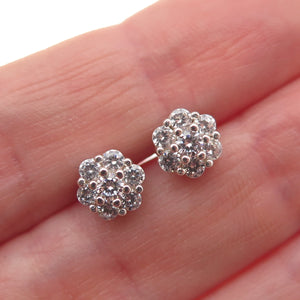 925 Sterling Silver Round-Cut C Z Floral Stud Earrings