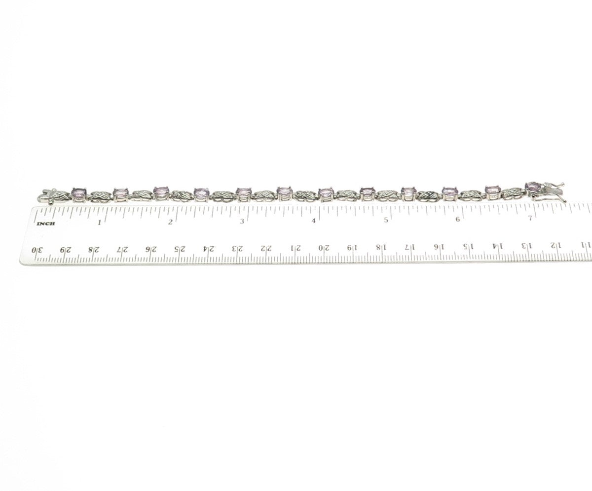 925 Sterling Silver Real Diamond Accent & Amethyst Gem Tennis Link Bracelet 7"