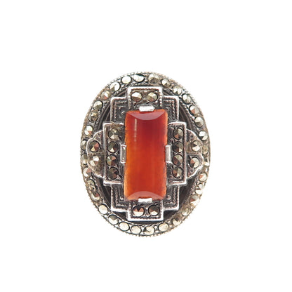 925 Sterling Silver Antique Art Deco Real Carnelian & Marcasite Ring Size 5