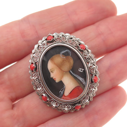 800 Silver Antique Real Coral Hand Painted Cameo Portrait Pin Brooch / Pendant