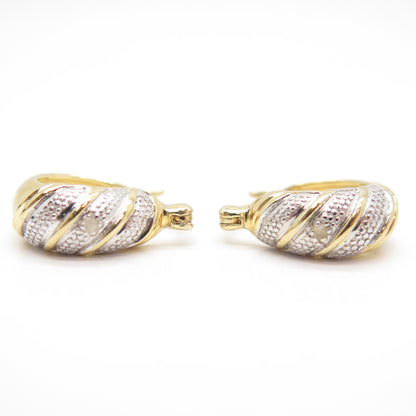 925 Sterling Silver 2-Tone Real White Diamond Hollow Huggie Earrings