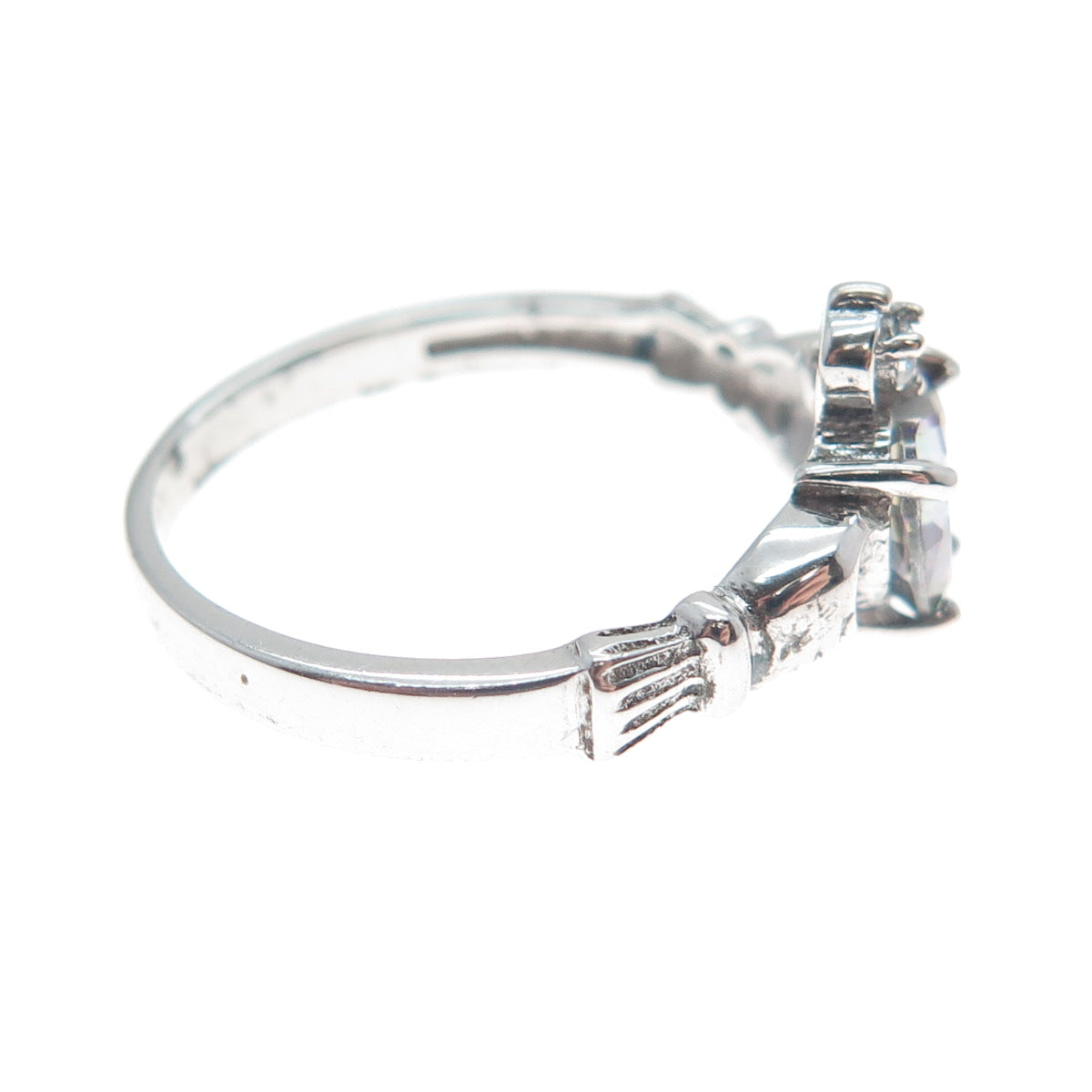 925 Sterling Silver Heart-Cut Mystic Quartz & C Z Irish Claddagh Ring Size 7.5