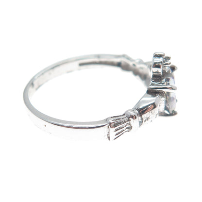 925 Sterling Silver Heart-Cut Mystic Quartz & C Z Irish Claddagh Ring Size 7.5