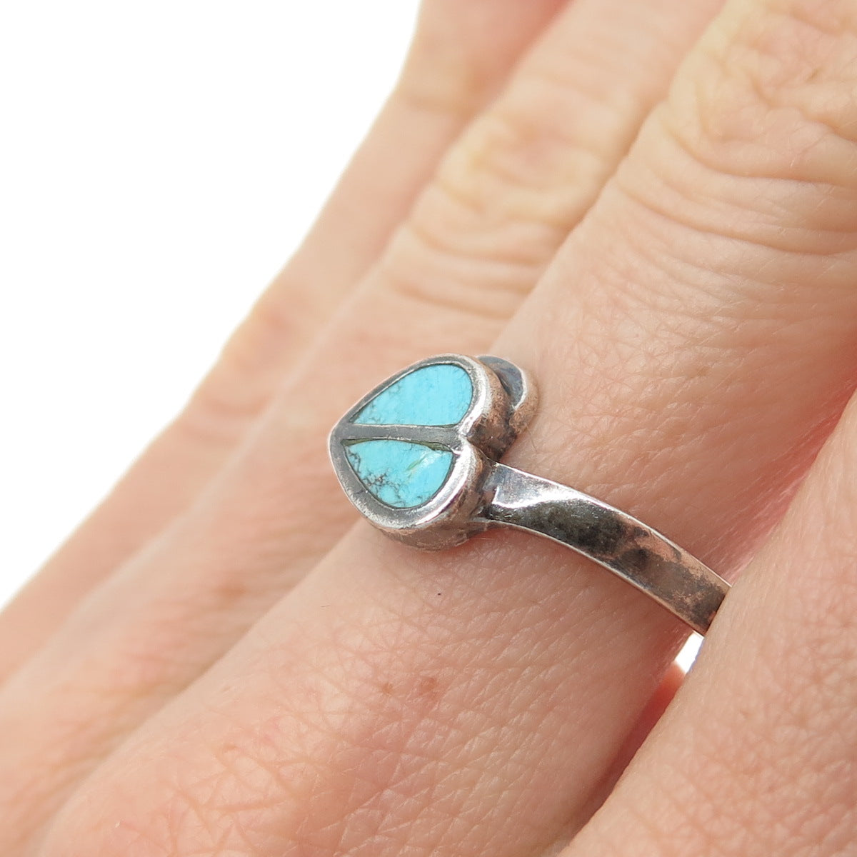 925 Sterling Silver Vintage Real Turquoise Modernist Heart Ring Size 8.25