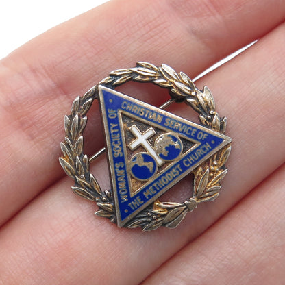 925 Sterling Silver Gold Plated Antique Enamel WSCS Methodist Church Pin Brooch
