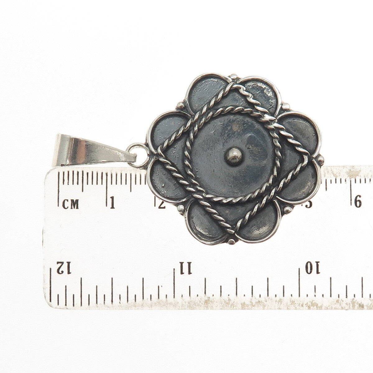 925 Sterling Silver Vintage Mexico Modernist Flower Oxidized Pendant