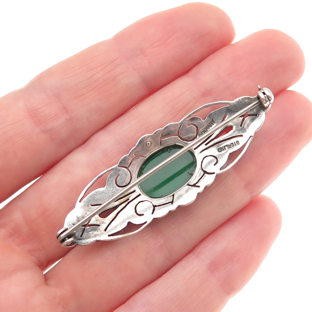 925 Sterling Silver Antique Art Deco Germany Green Onyx & Marcasite Pin Brooch